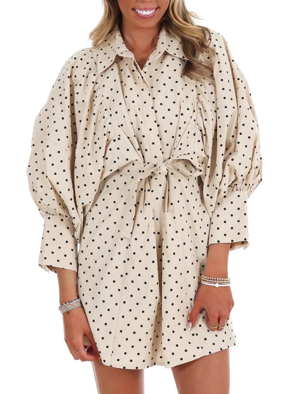 Cream Polka Dot Tie-Front Puff Sleeve Mini Dress - Picture 2 of 2
